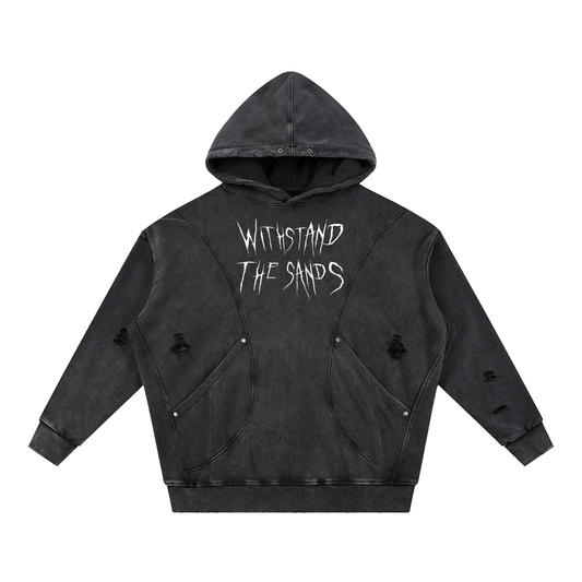 Snow Washed Distressed Panel Pocket Hoodie